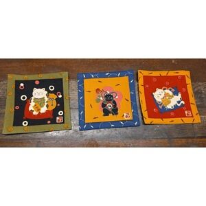 Lot 5 NWT Japanese Fabric Coaster Mats Natsukashiya Minowa Lucky Cat Embroidery